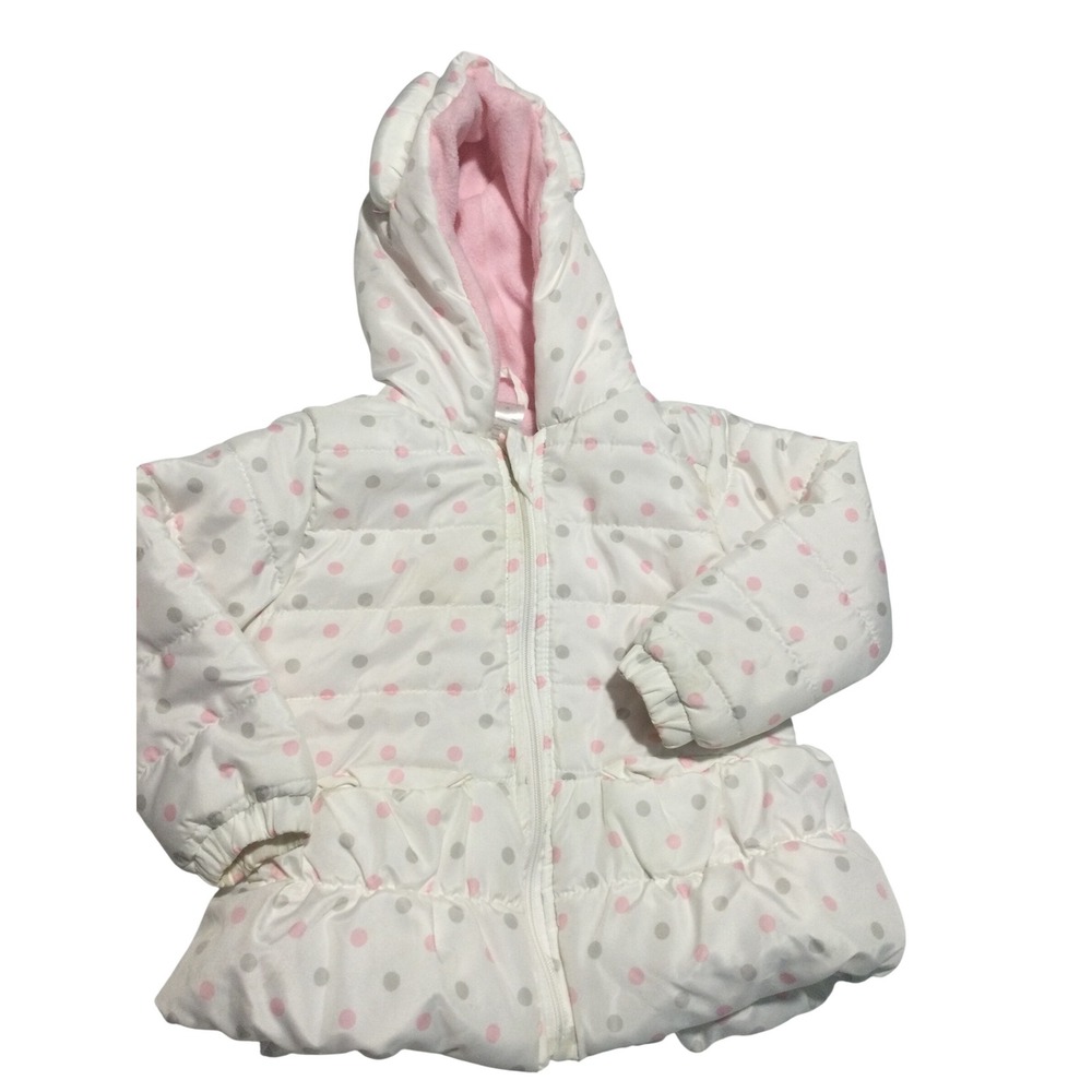 Little Beginnings Toddler Girls White Polka Dot Puffer Jacket Pink Fleece 2T